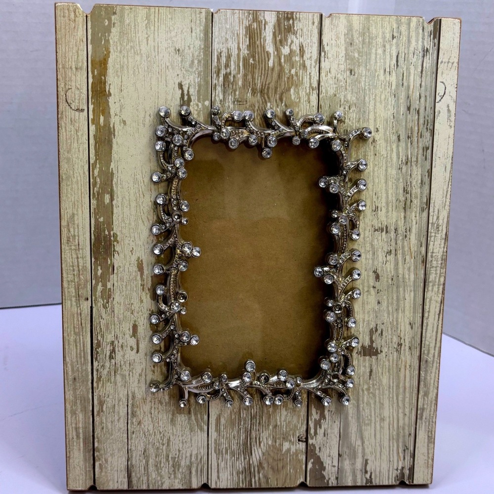 Vtg Pier 1 Imports Distressed Wood Rhinestone Vine Photo Frame 4x6 Rustic